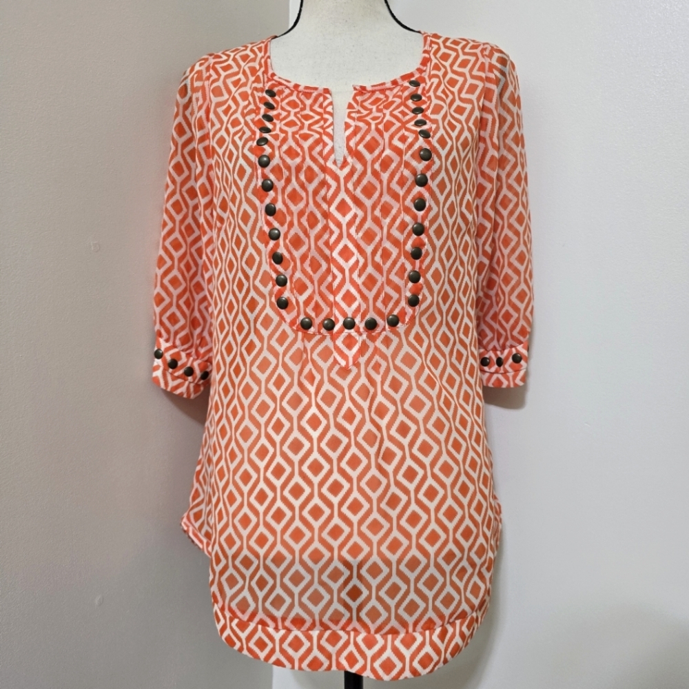 41 HAWTHORN Geometric Studded Sheer V Neck 3/4 Sleeve Blouse M Orange